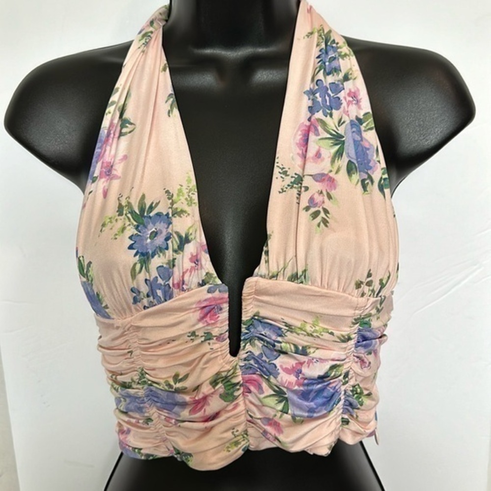 NWT Zara silky floral crop halter corset top light pink S